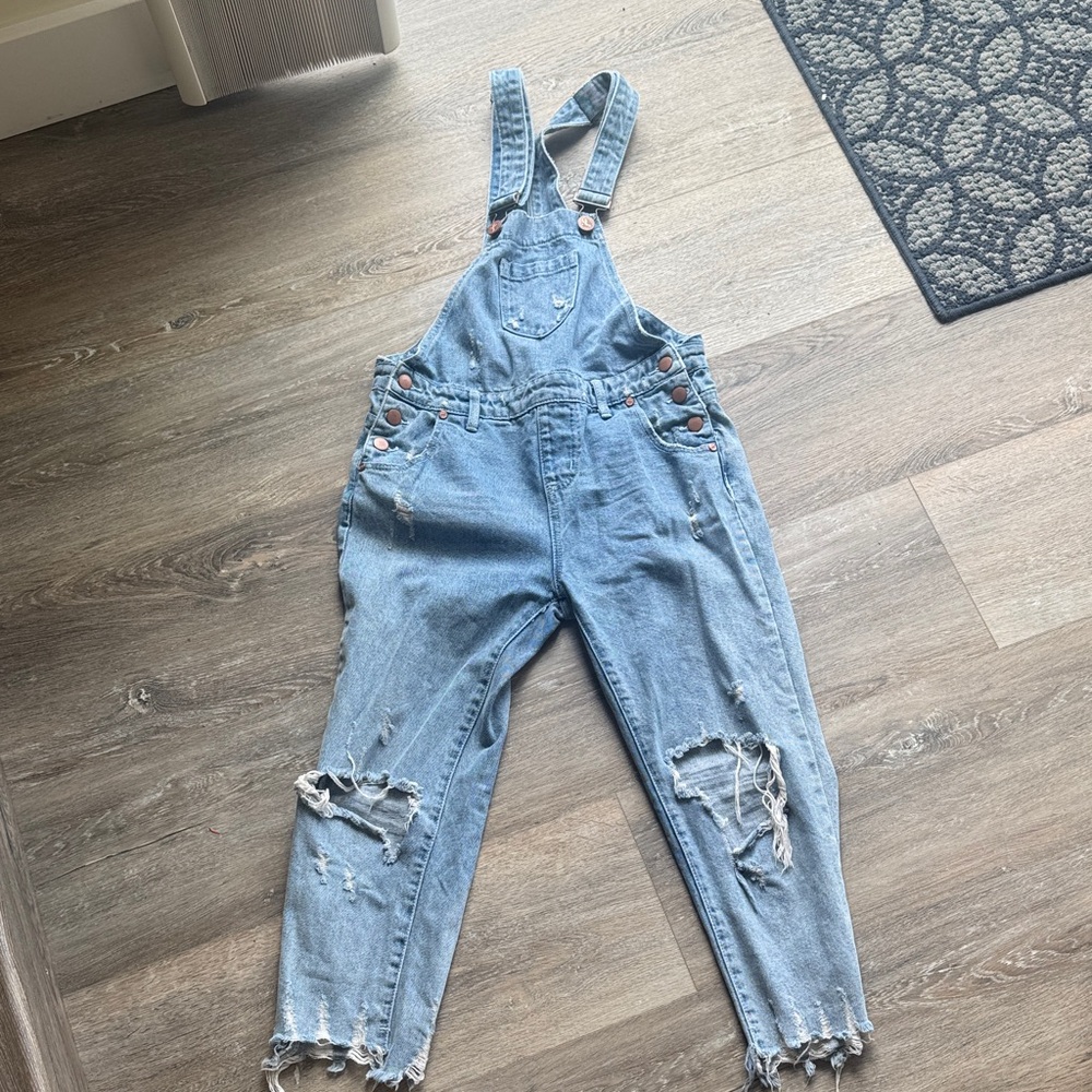 One Teaspoon Light Blue Distressed Jeans Overalls